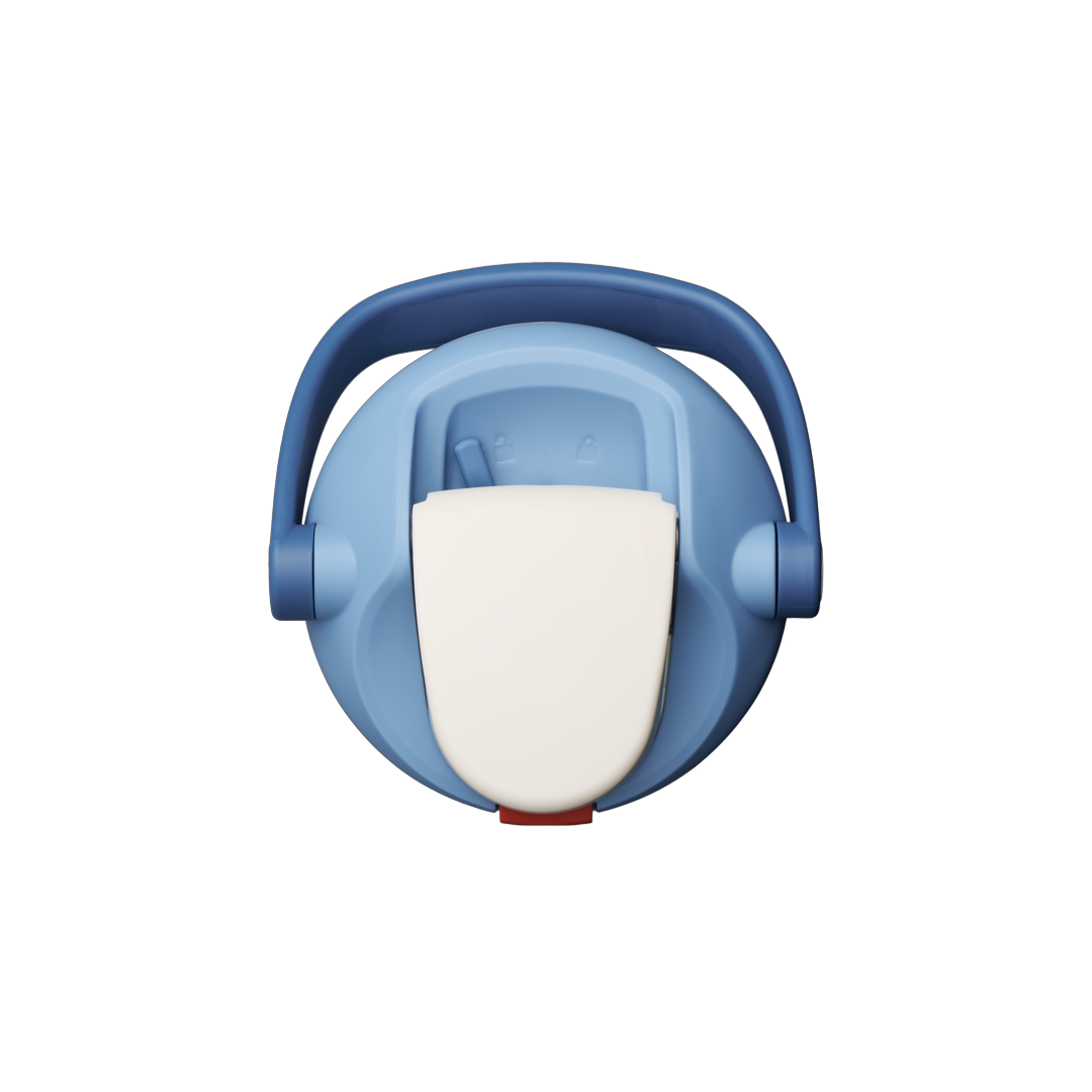 Owala FreeSip Sway 30oz top-down view with flip cap open, light blue lid with darker blue carry loop and white cap raised to reveal the FreeSip spout